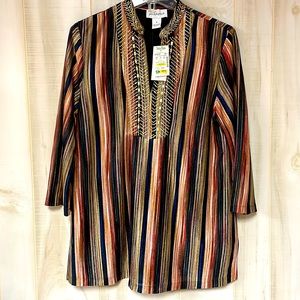 NWT Peck & Peck Patchwork Striped Tunic Top Sz M Boho Hippie